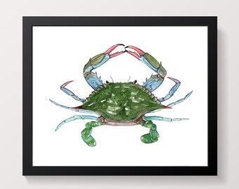 Blue Crab Watercolor Art Print: Coastal Beach House Decor