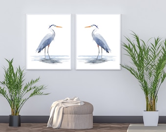 Great Blue Heron Watercolor Print, Set of 2, Coastal Wall Art, Beach House, Home Decor, Blue Heron Art Print, Watercolor, Digital Download