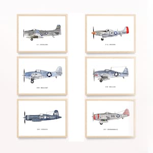 Set of 6 WWII Airplane Prints | Aviation Wall Art | P-51 Mustang, F6F Hellcat, F4U Corsair, P-47 Thunderbolt | Instant Download