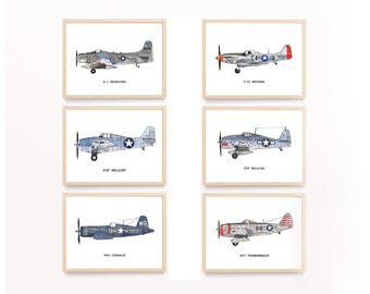 Zestaw 6 grafik samolotów z II wojny światowej | Grafika ścienna lotnicza | P-51 Mustang, F6F Hellcat, F4U Corsair, P-47 Thunderbolt | Pobierz natychmiast