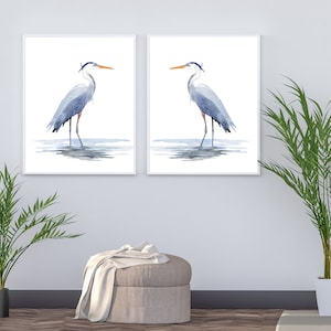 Stampa ad acquerello di airone azzurro, set di 2, arte murale costiera, casa sulla spiaggia, arredamento per la casa, stampa artistica di airone azzurro, acquerello, STAMPA FISICA