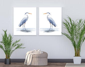 Great Blue Heron Watercolor Print, Set of 2, Coastal Wall Art, Beach House, Home Decor, Blue Heron Art Print, Watercolor, PHYSICAL PRINT