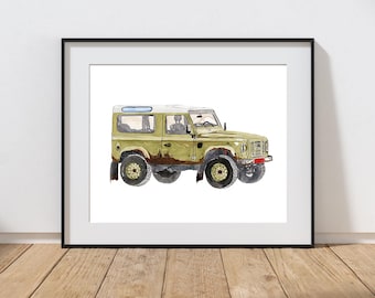 Vintage Land Rover Watercolor Print: Muddy SUV Kids Room Art (Digital Download)