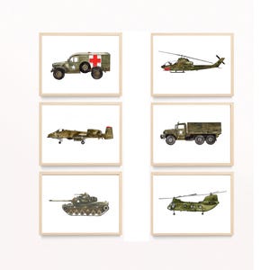 Army Vehicle Prints | Set of 6 Military Wall Art for Kids | Helicopter, Tank, A-10 & More | Boys Room Decor | Digital Download
