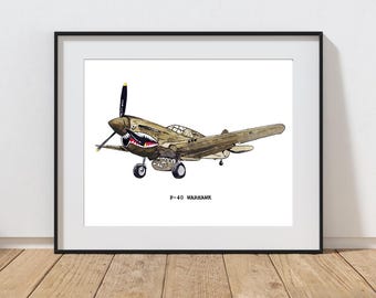 Impressão em aquarela do P-40 Warhawk: Arte de avião vintage para crianças (download instantâneo)