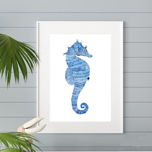 Seepferdchen Aquarell Druck, Blaues Seepferdchen Poster, Küsten Wandkunst und Wohndekor, Strand Wandkunst, Seepferdchen, Nautisches Thema, digitaler Download