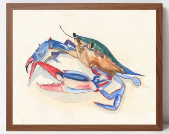 Blue Crab Watercolor Art Print: Coastal Beach House Decor