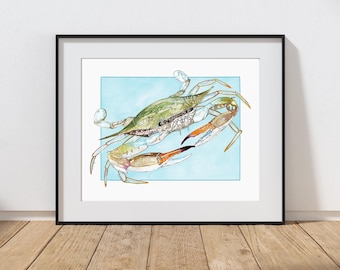 Blue Crab Watercolor Print: Coastal Beach House Art (Digital Download)