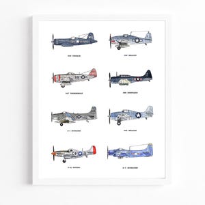 WWII Airplane Poster | 8 Vintage Fighter Plane Prints | Corsair, Mustang, Skyraider & More | Digital Download Warbird Wall Art