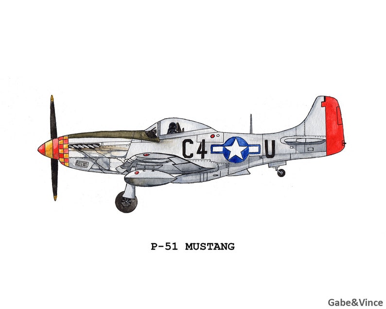 Airplane Print, P-51 Mustang, Watercolor Print, Kids Room Wall Art, Aviation Art, INSTANT DOWNLOAD image 2