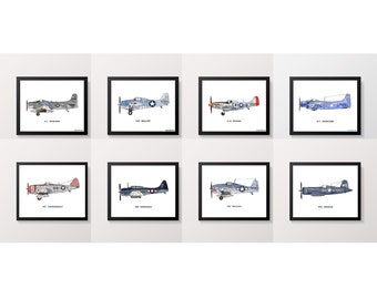 Airplane Prints, Set of 8 Vintage Airplane Prints, Boys Room Decor, Kids Room Wall Art, Nursery Airplane Art, Aviation Art Print