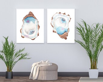 Set de impresiones de acuarela de ostras: Arte mural costero de playa (descarga digital)