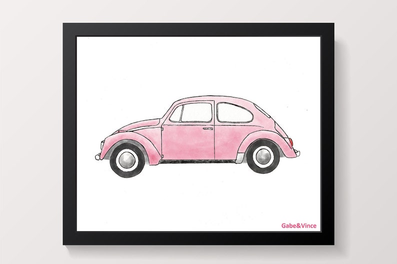 Pink Beetle Car Print VW Bug Printable Watercolor Boys Wall - Etsy
