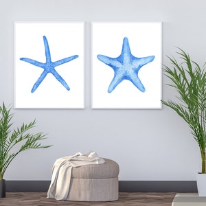 Blue Starfish Watercolor Prints, Blue Starfish Print, Set of 2, Coastal Wall Art and Home Decor, Beach Wall Art, Digital Download