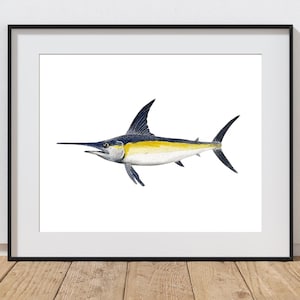 Impresión de acuarela de pez espada, arte de pared costero imprimible, decoración de casa de playa, regalo para pescadores, arte de peces, impresión de peces personalizada, personalizada
