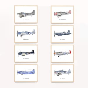 WWII Airplane Wall Art Set of 8 | Vintage Warbird Prints | Aviation Decor | Printable Aircraft Art | Instant Download