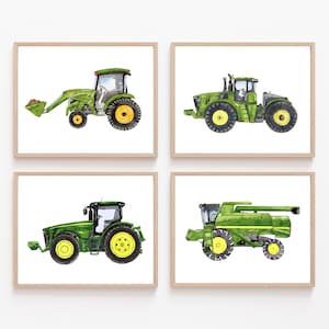 Tractor Art Prints, Set of 4 | Green Farm Vehicles | Farmhouse Nursery Decor | Digital Download