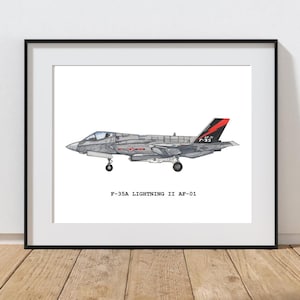 Aquarelprint F-35A Lightning II: kunst aan de muur luchtvaart (digitale download)
