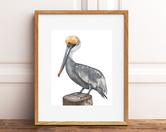 Brown Pelican Watercolor Art Print: Coastal Beach House Decor