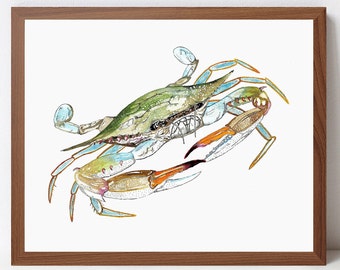 Blue Crab Watercolor Print, Blue Crab, Coastal Wall Art, Beach House Wall Art, Home Decor, Blue Crab Art Print, Watercolor, PHYSICAL PRINT