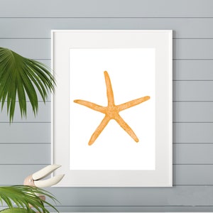 Orangefarbener Seestern, Seestern Druck, blau, nautisches Thema, Küstenwandkunst, Strandhaus Wandkunst, Wohndekor, digitaler Download
