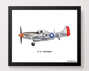 Airplane Print, P-51 Mustang, Watercolor Print, Kids Room Wall Art, Aviation Art, INSTANT DOWNLOAD