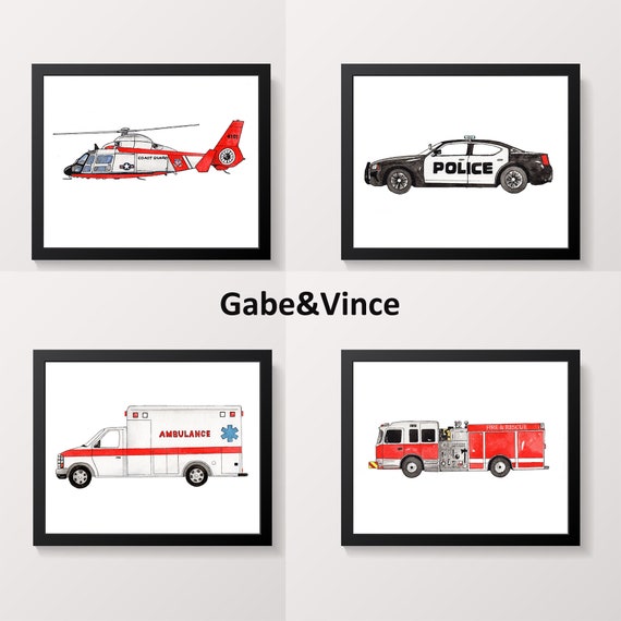 Emergency Vehicle Watercolor Prints: Kids Room Decor (Digital Download)