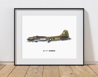 B-17 Flying Fortress Print | WWII Bomber Wall Art | Vintage Airplane Watercolor | Instant Download