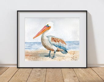 Brown Pelican Watercolor Print, Coastal Wall Art, Bird Art, Watercolor Print, Watercolor Painting, Pelican Painting, Physical Print