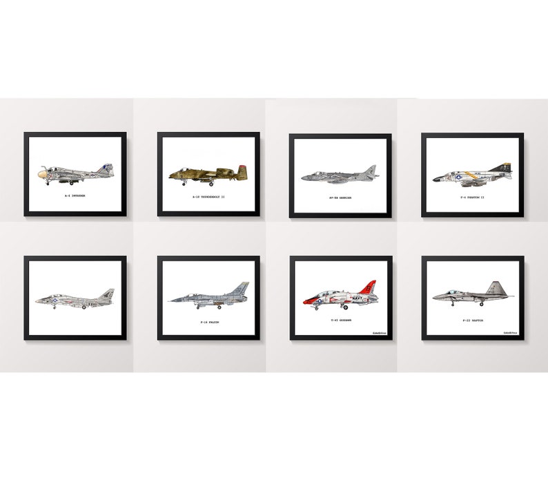 Airplane Prints, Set of 8 Fighter Jet Airplane Prints, Boys Room Decor, Airplane Wall Art, Kids Room Wall Art, Airplane Print, Aviation Art image 1