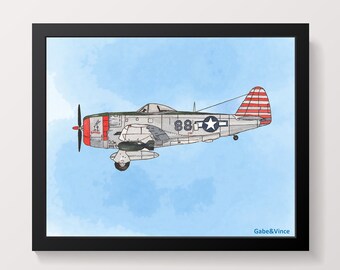 P47 Thunderbolt Print, Vintage Watercolor Print, Aviation Wall Decor, Kids Room Wall Art, Airplane Print, INSTANT DOWNLOAD