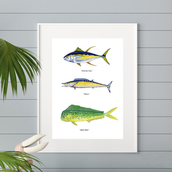 Yellowfin Tuna, Wahoo, Mahi Mahi Poster, Watercolor Print, Printable Coastal Wall Art, Saltwater Fish Poster, Billfish, Digital Download