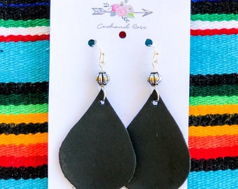 Genuine Black Leather Earrings with Santa Fe Pearls