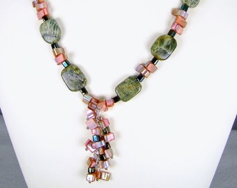 Tide Pool - seaweed green plus pink Mother of Pearl
