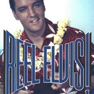 May include: A book cover with a photo of Elvis Presley wearing a red and white Hawaiian shirt with a lei. The title of the book is "Reel Elvis! The Ultimate Trivia Guide to the King's Movies" by Pauline Bartel.
