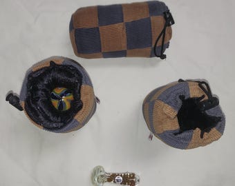 Padded Pouch For Glass Pipes Small Tan & Grey Corduroy Patch Size 6.5" x 3" Free Shipping