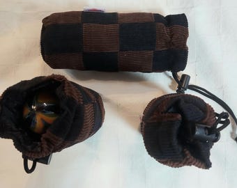 Padded Pouch For Glass Pipes Slim Black & Brown Corduroy Patch Size 6.5" x 2.5"