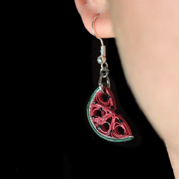 Watermelon craft earring in paper quilling / light polka dots