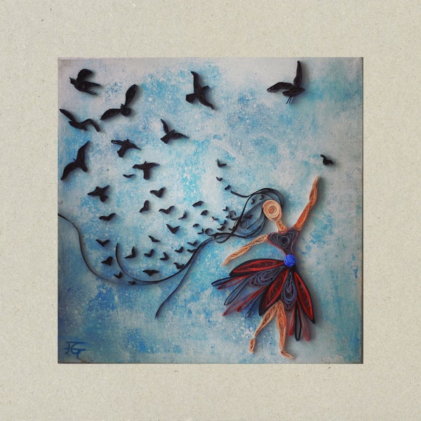 Oeuvre pièce unique en techniques mixtes / art du papier 3D / Peinture acrylique/ danseuse et vol d'oiseaux