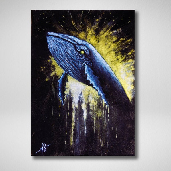 Tirage d'art édition limitée /Impression illustrée d'une œuvre originale / dessin d'un portrait d'une baleine bleue pastel et feuille d'or