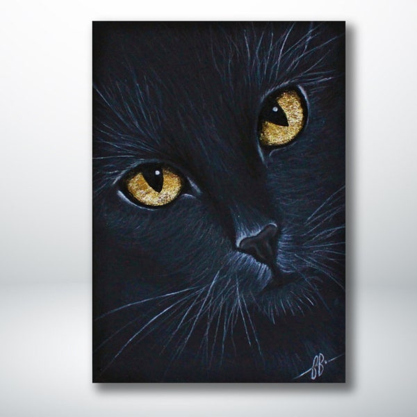 Tirage d'art edition limitée /Impression illustrée d'une œuvre originale / dessin d'un portrait de chat noir pastel et feuille d'or