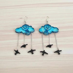 Boucles d'oreilles Nuage et Oiseaux en Papier Quilling, Bijou Mobile Bleu et Argent 925