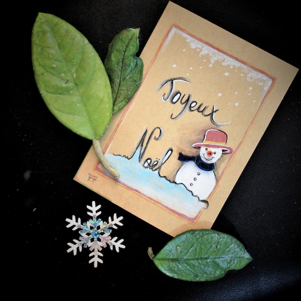 Carte de noël kraft, aquarelle et quilling bonhomme de neige