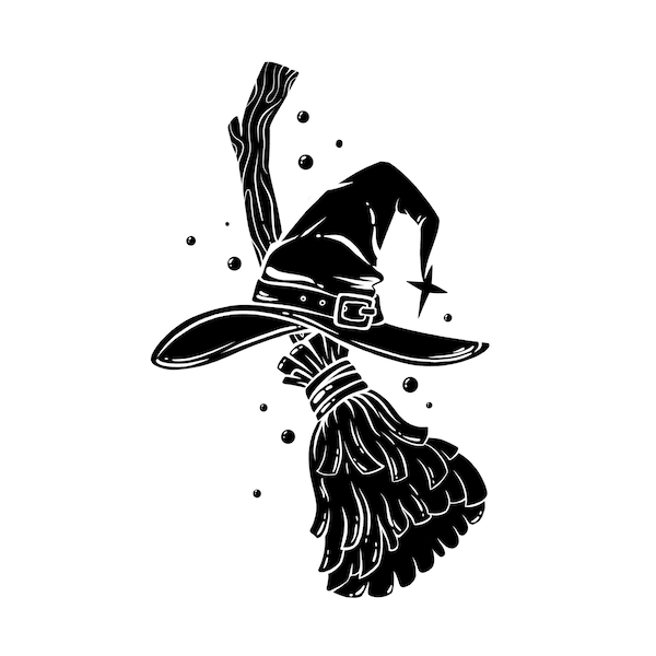 Witchy Vibes Witch Hat and Broomstick Digital Art Print Halloween PNG