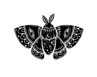 May include: Black and white illustration of a moth with intricate details, including eyes, wings, and a crescent moon on its body.