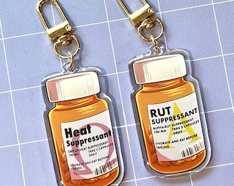 Rut and Heat Suppressant Pill Bottle 2.5" Acrylic Charm Keychains