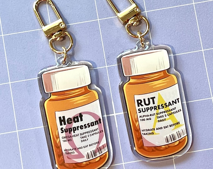 Rut and Heat Suppressant Pill Bottle 2.5" Acrylic Charm Keychains