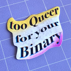 May include: A sticker with a rainbow gradient background and the text "too queer for your binary" in black text with a blue outline.