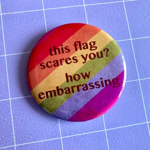 May include: A circular pin-back button featuring a diagonal rainbow stripe pattern in red, orange, yellow, green, blue, and purple. The text printed in dark brown across the center reads: this flag scares you? how embarrassing.