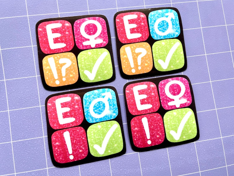May include: Four square stickers with a black border, each featuring a grid of four colorful squares. The squares contain symbols like the equal sign, question mark, exclamation point, check mark, and gender symbols. The background is a light purple grid.